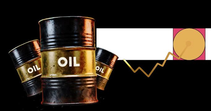 Seamless loop 3D crude oil barrels animation with alpha channel transparent background, conceptual global energy market rally and commodity investment growth video footage.