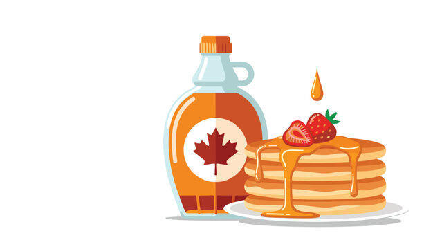 Delicious stack of golden pancakes topped with dripping syrup and fresh strawberries next to a bottle of maple syrup with a leaf.
