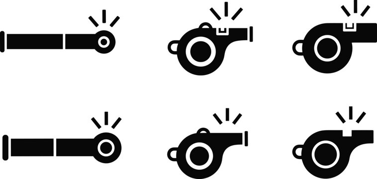 Sports Whistle Icon Set with Referee Equipment and Coaching Signal Symbols for Athletic Training Designs