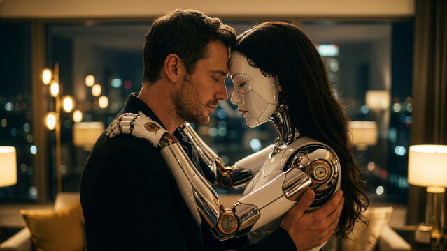 Human Man and Female Humanoid Robot Embracing Forehead to Forehead in Luxury Apartment at Night with City View &mdash; AI Emotional Bond and Human Robot Relationship Concept