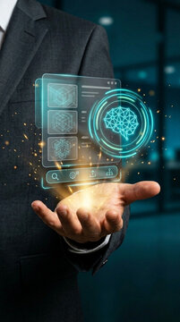 Businessman holding holographic interface for generative AI image creation and digital asset management, portrait.