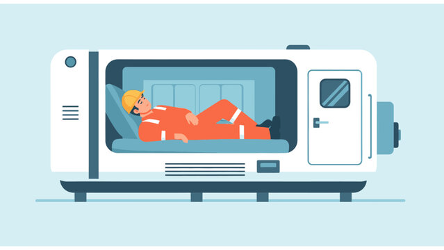 Professional worker in orange jumpsuit and hard hat resting inside a modern hyperbaric chamber, illustrating safety and recovery in hazardous work.