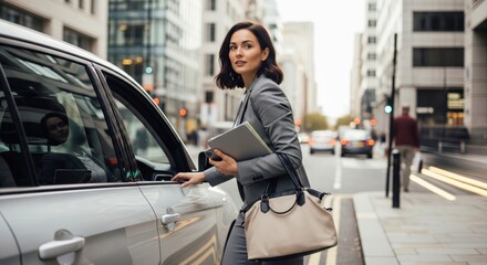 Fototapeta premium Busy woman enters taxi with phone, documents and tote bag, clearly showing a fast workday, multitasking and city business pressure.