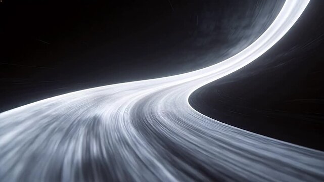 Abstract curved white light strip flowing on deep black background