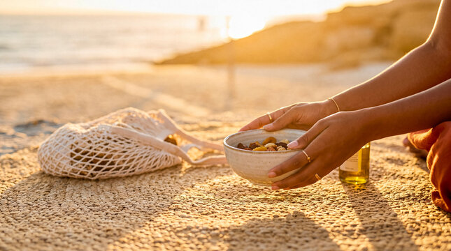 Close-up photograph of hands holding a bowl of healthy snacks on a straw mat at the beach.