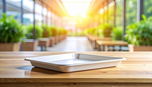 Placing a plastic tray on edge of table bright room action shot vibrant environment top-down view creative concept