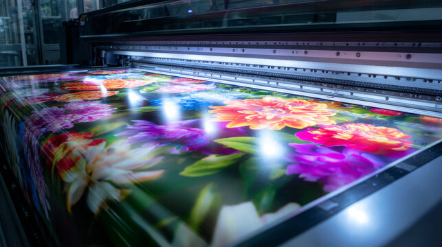 Large format printer creating a colorful floral pattern on reflective media, demonstrating high quality digital printing and vivid output