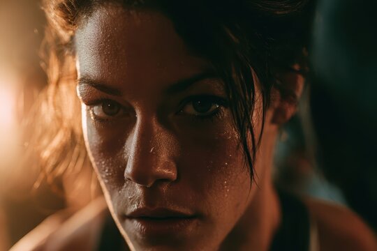 Intense close-up portrait of a determined woman with sweat glistening on her face after a strenuous workout session.