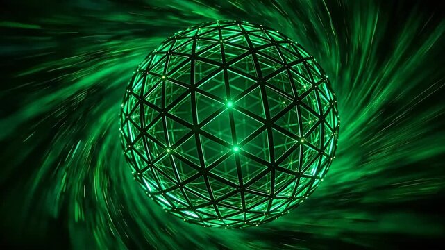 Green glowing geometric sphere with triangle frame structure on dark background