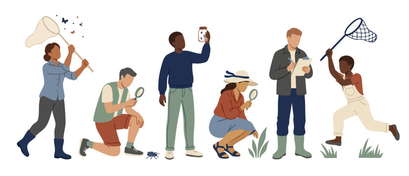 People studying insects flat vector illustration set, diverse group of researchers observing nature with magnifying glasses, butterfly nets and collection jars for field study science project educatio