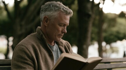 Fototapeta premium Elderly man sitting on a wooden bench in a park. he is wearing a brown sweater and appears to be engrossed in a book he is holding in his hands.