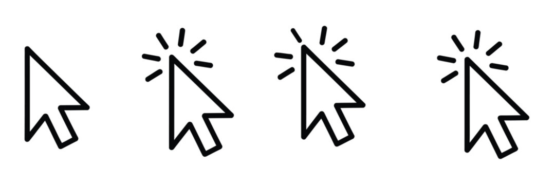 Cursor mouse click icon set for pointer interaction, click arrow indicators, computer mouse cursor actions, web navigation and user interface vector.