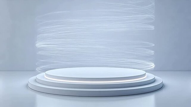 White circular platform with spiral light motion on grey background
