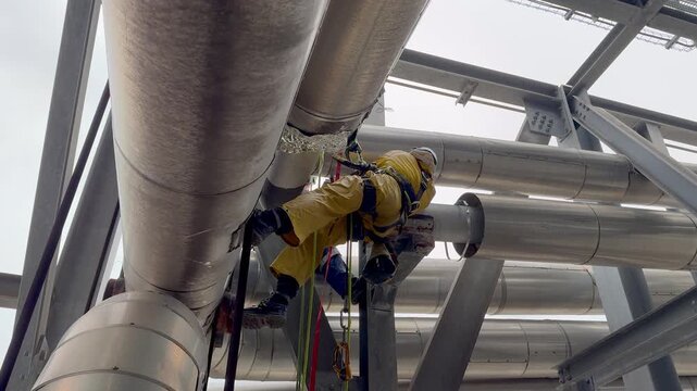 Aerial low angle shot of technician repairing a plant in an oil or chemical refinery. Industrial rope access worker descending to grind and repair a pipeline. Working at height. Rappelling, Abseiling.
