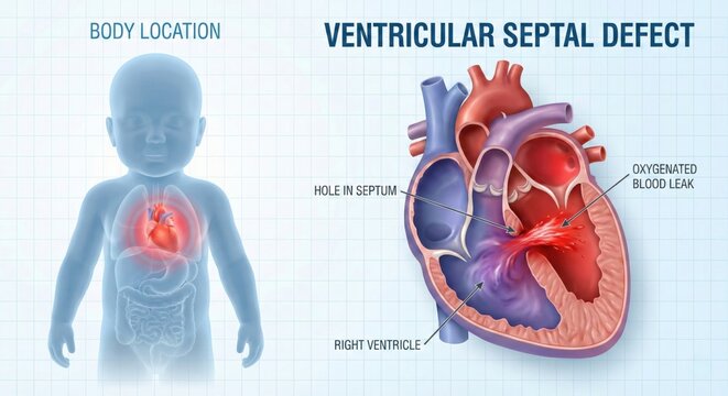 Ventricular Septal Defect illustration infant heart condition medical diagram.