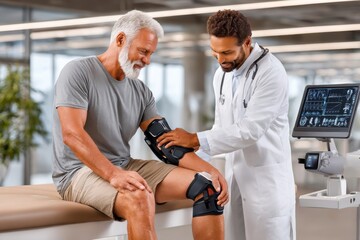 Fototapeta premium Doctor fitting knee brace on elderly man during medical consultation for knee pain and rehabilitation