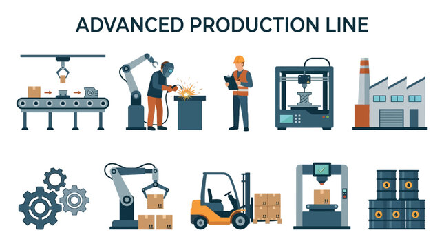 Automated Factory Production Line with Robots Conveyor Forklift and 3D Printer