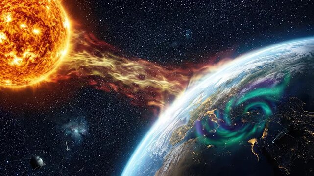 Sun, a coronal mass ejection erupts from its surface, sending charged plasma particles toward earth, causing a strong geomagnetic storm and polar auroral light phenomena.