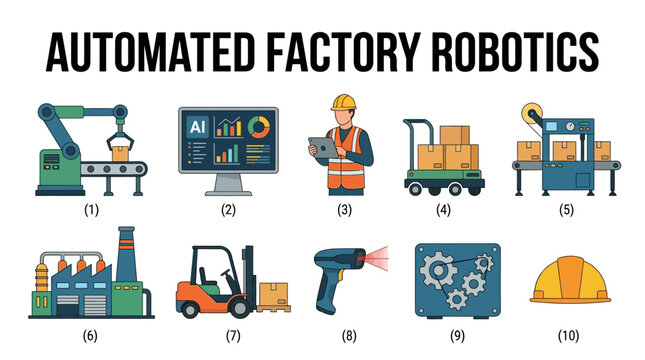 Automated Factory Robotics with Robotic Arm AI Monitor Worker Forklift Scanner and Safety Helmet