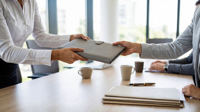 Businesswoman handing over a document folder to her colleague across a meeting table in a corporate office.