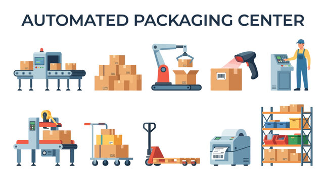 Automated Packaging Center with Conveyor Belt Robot Arm Barcode Scanner and Warehouse Shelving