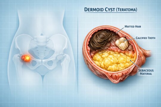 Dermoid Cyst Teratoma Illustration: Medical Diagram Human Anatomy Ovarian Health.