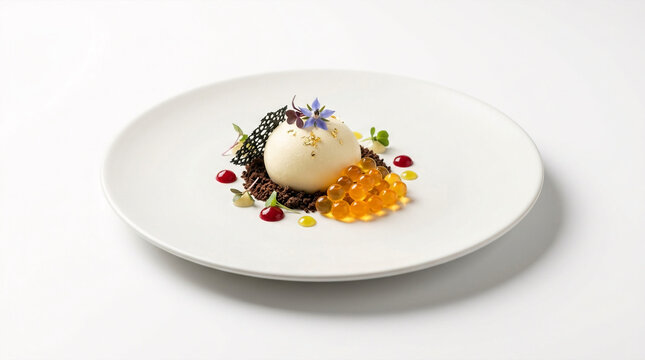 Elegant dessert with golden leaf and caviar served on a white plate.