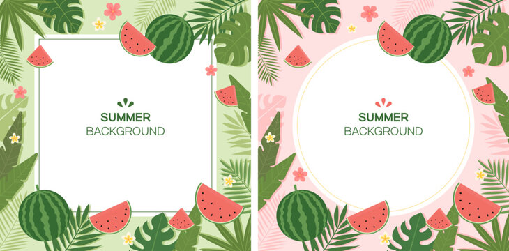Summer background frame with watermelon and tropical leaves