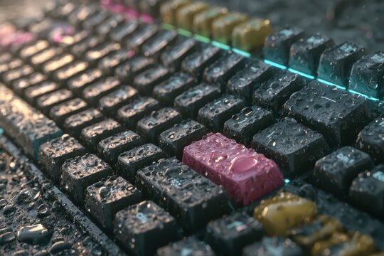 Close-up macro shot of a wet mechanical keyboard with colorful RGB lighting and water droplets.