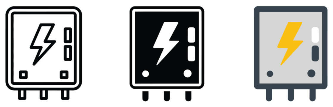 Electrical panel icon representing circuit breaker cabinet, power distribution unit, energy control system, industrial electricity safety and engineering infrastructure vector.