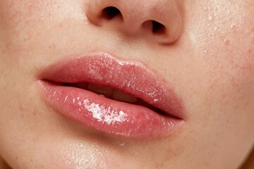 Obraz premium Close-up of a woman's lips with glossy pink lip gloss and natural skin texture with freckles.