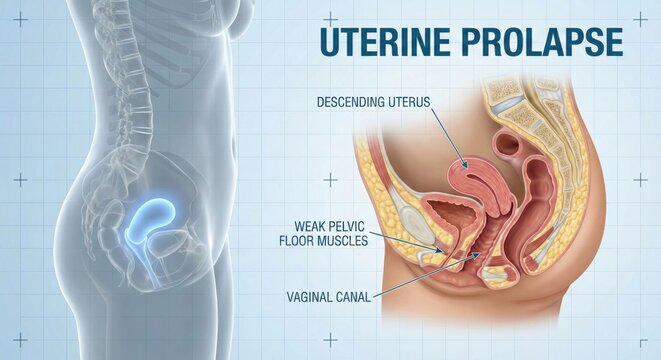 Uterine Prolapse Medical Illustration Female Anatomy Pelvic Floor Muscles.