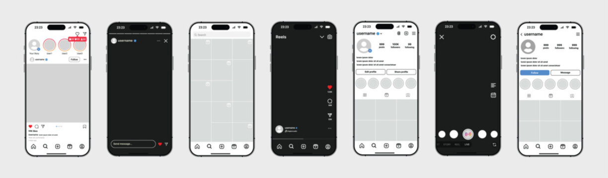 Modern UI UX Design for Social Media Profiles, Feed, Reels, and Stories Layout.Reels & Video: Mobile app vertical video player and reels interface with interactive icons.