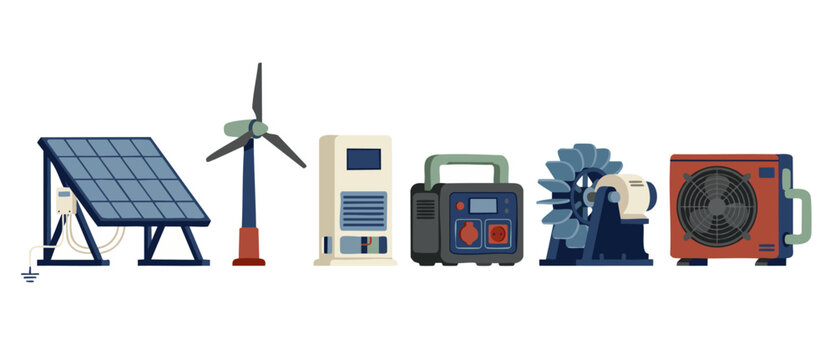 Renewable Energy Technology Icons Set, Solar Panel Wind Turbine Hydro Power and Heat Pump System for Sustainable Electricity Generation and Green Eco Friendly Living Solutions on Isolated White Backgr