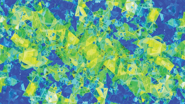 Vibrant abstract background with blue and green geometric shapes and patterns.