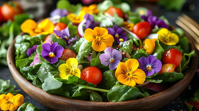 A beautiful bowl filled with colorful blooming pansies and violas edible flowers for culinary decoration