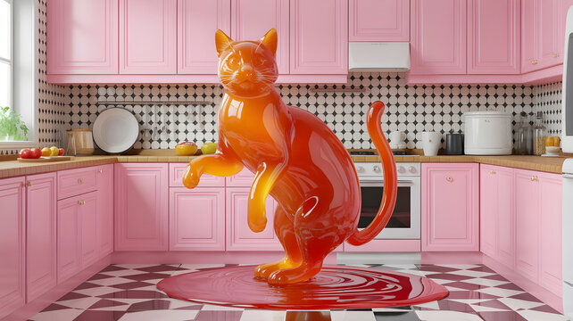 A cat made of jelly floating through a kitchen where gravity randomly shifts, objects bending and melting playfully, hyper-realistic textures with absurd physics