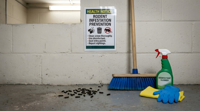 A comprehensive scene of pest control, showing the tools and methods for rodent prevention in a basement setting.