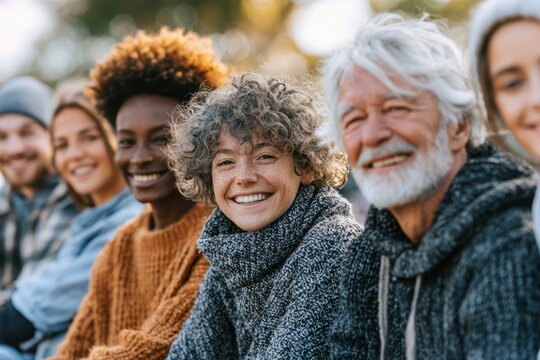 A diverse group of happy friends of different ages and ethnicities enjoying a sunny day outdoors together.