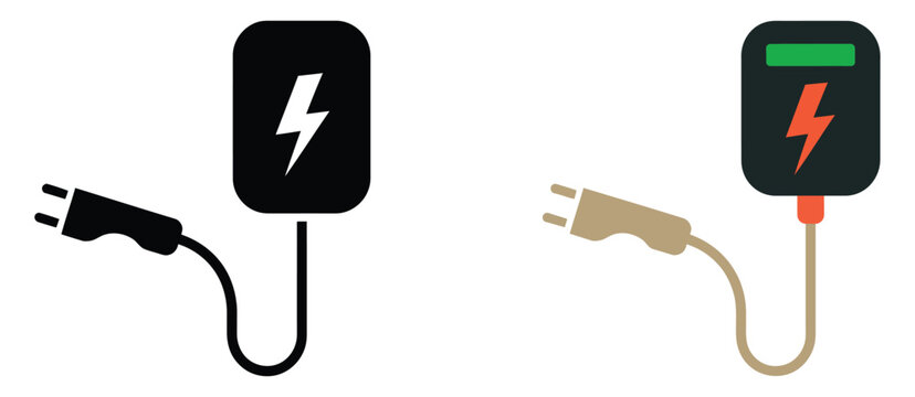 EV charger symbol for electric vehicle home charging unit, battery charging station, green energy system, and modern automotive power solution icon vector.