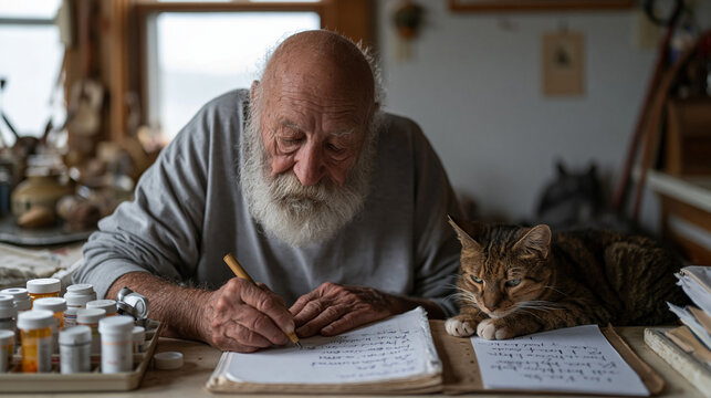 Elderly widower tracks his daily chronic pain levels in a worn composition notebook at a sparse kitchen table, prescription bottles arranged in a weekly organizer, a morning mist visible through the