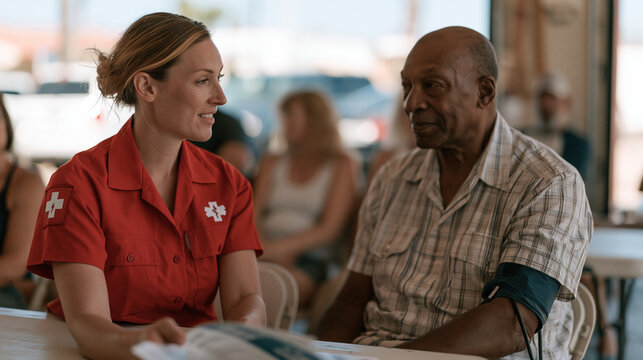 Emergency medical technician reviews heart disease prevention pamphlets with an elderly man seated at a folding table inside a fire station community health fair, blood pressure cuff still attached 