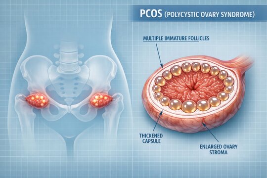 Detailed Polycystic Ovary Syndrome illustration female reproductive health concept.