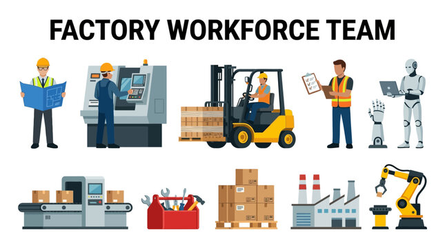 Factory Workforce Team with Engineer Operator Forklift Inspector Robot and Industrial Equipment