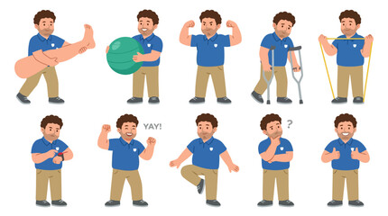 Fototapeta premium Male physical therapist character poses set for rehabilitation, exercise coaching, and healthcare communication on white background.