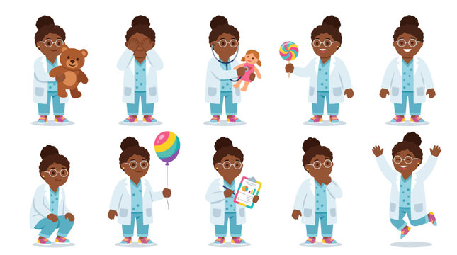 Black Female Pediatrician Character Set in Various Poses for Children's Healthcare Education and Medical Illustration