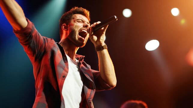 Energetic male singer performing live on stage with microphone under colorful concert lights.