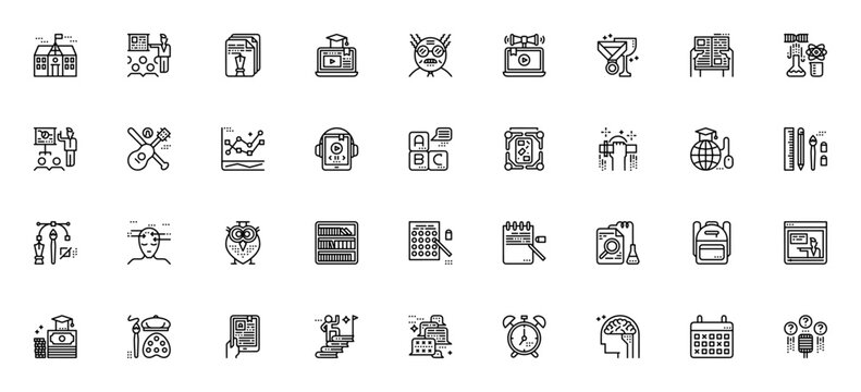 School icon set. Minimal vector icons. Education icon pack. Featuring presentation, essay, laptop, professor, chemistry, diploma, thinking, test and more.