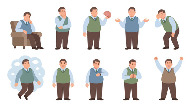 Character Set of a Middle Aged Businessman Showing Various Poses and Emotions including Thinking, Listening, and Celebrating for Storytelling and Instructional Design