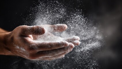 Fototapeta premium Close-up of Hands Releasing White Powder in Dramatic Lighting.